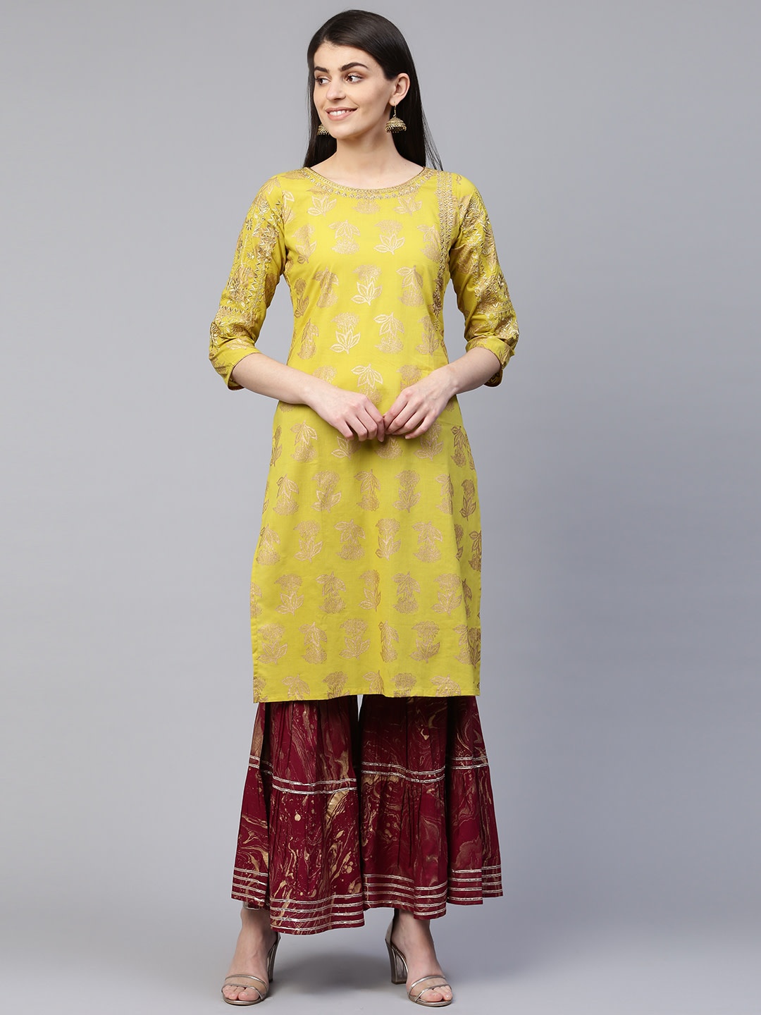 

Anouk Lime Green Floral Woven Design Liva Straight Kurta