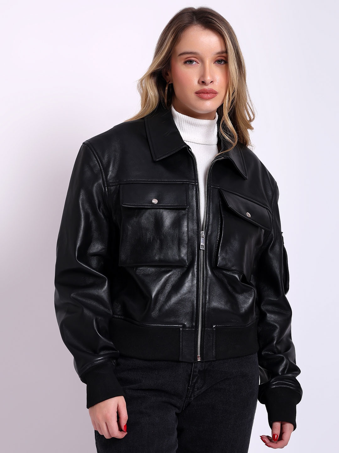 

Saint G Women Geometric Leather Water Resistant Biker Jacket with Patchwork, Black