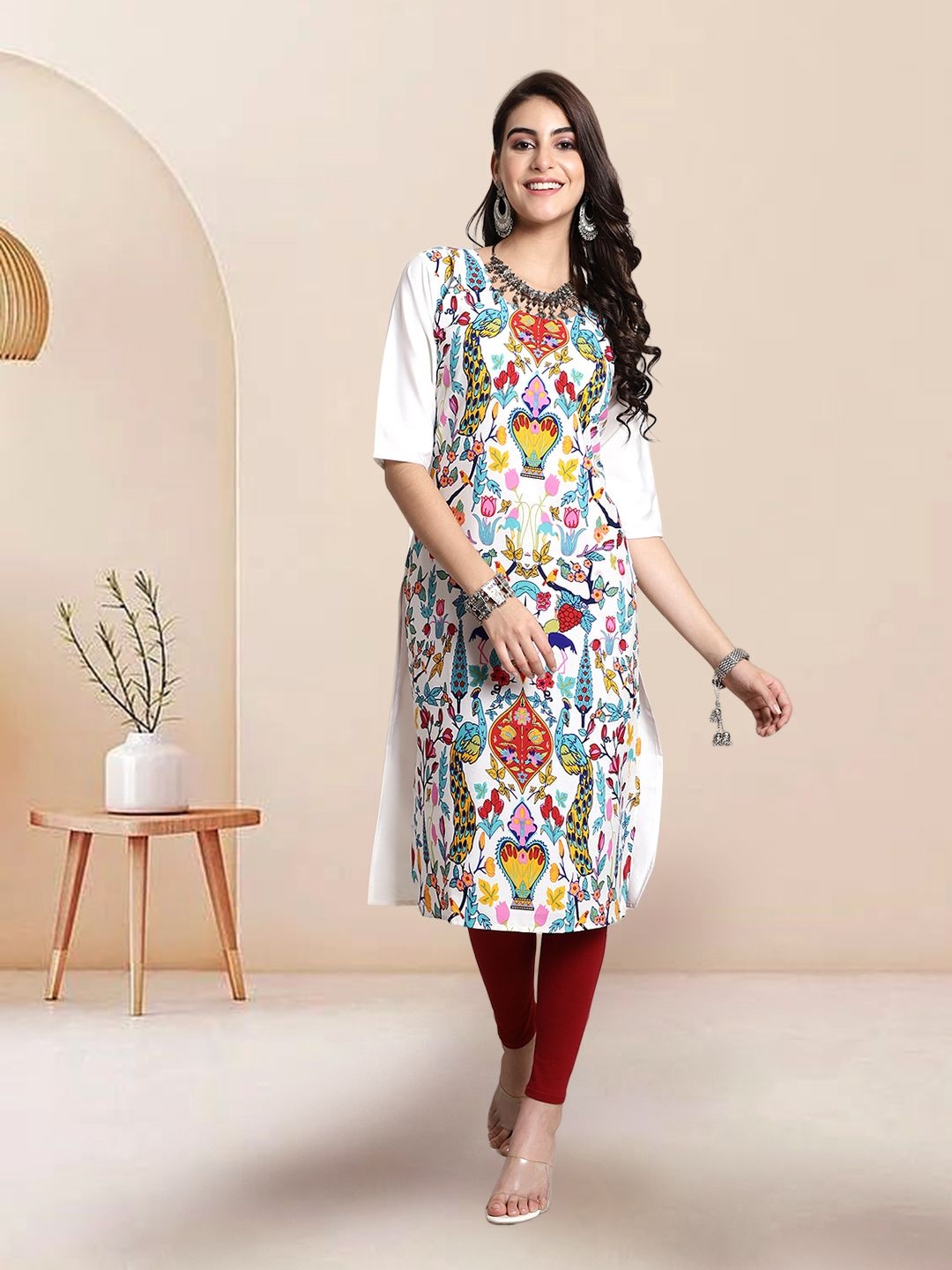 

7Threads Ethnic Motifs Printed Crepe Straight Kurta, White