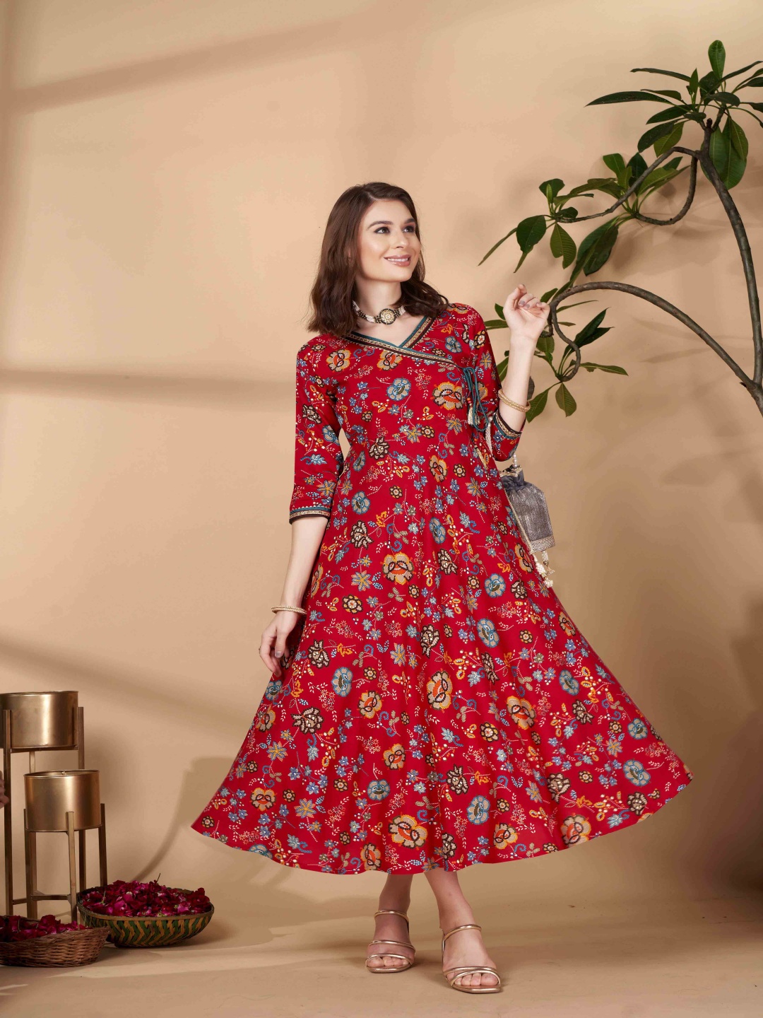 

Anouk Women Floral Printed V-Neck Maxi Dress, Red