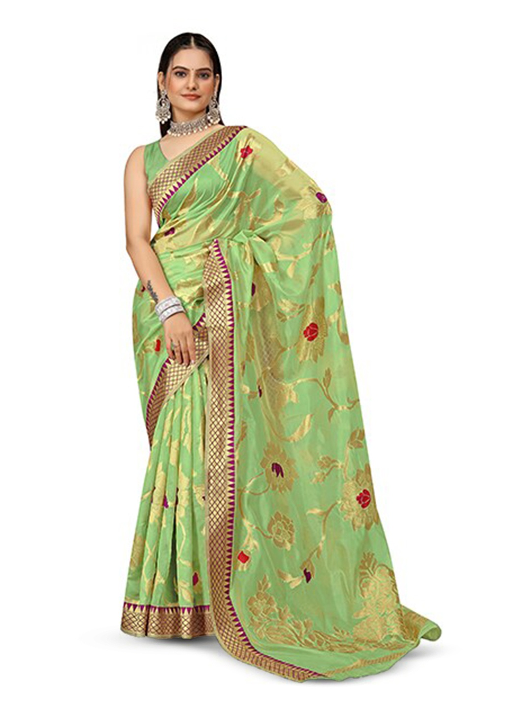 

Aagiri Woven Design Zari Organza Banarasi Saree, Green