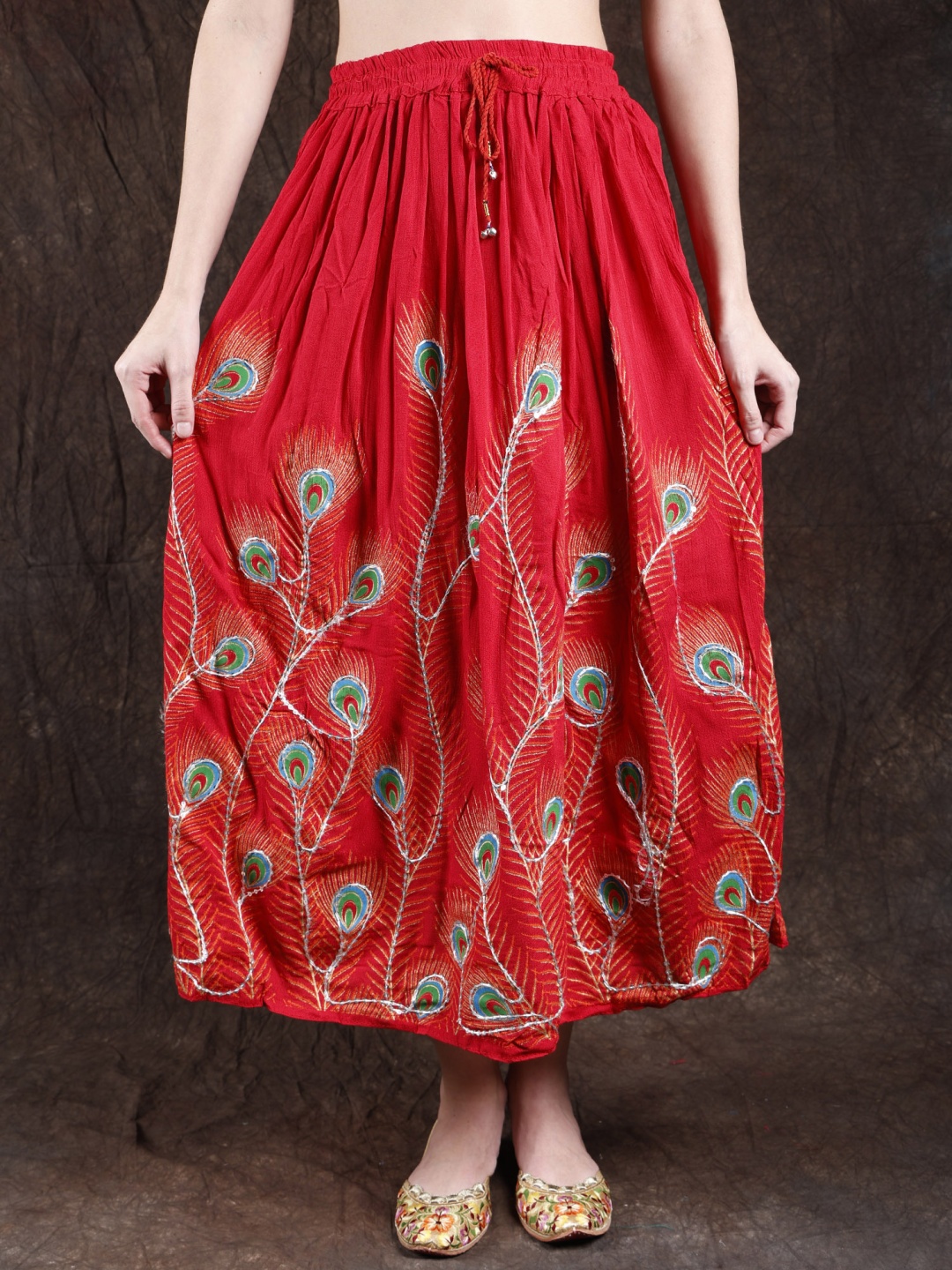 

Exotic India Printed Pure Cotton Maxi Skirt, Red