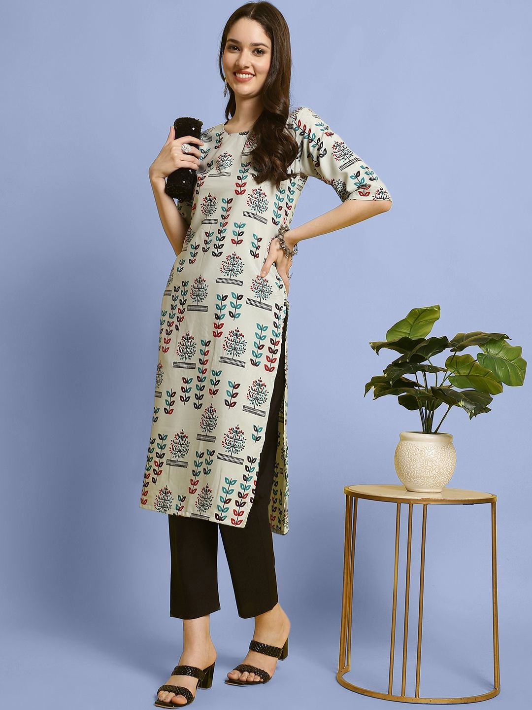 

7Threads Ethnic Motifs Printed Round Neck Straight Kurta with Trousers, Grey