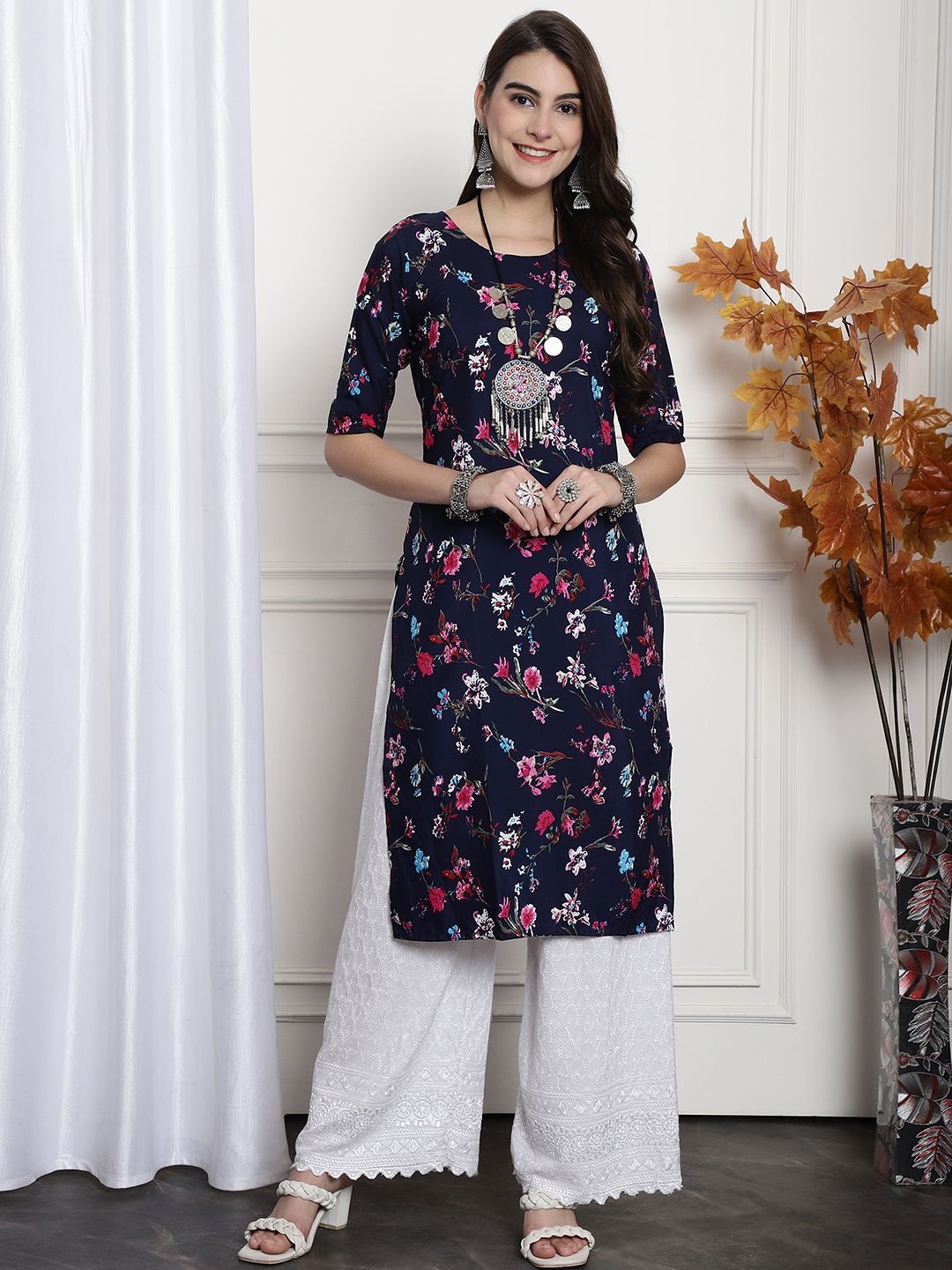 

7Threads Selection Of 6 Ethnic Motifs Printed Crepe Straight Kurtas, Navy blue