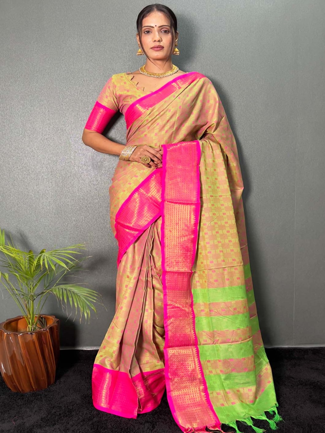 

KALINI Woven Design Mysore Silk Zari Ready to Wear Saree, Green