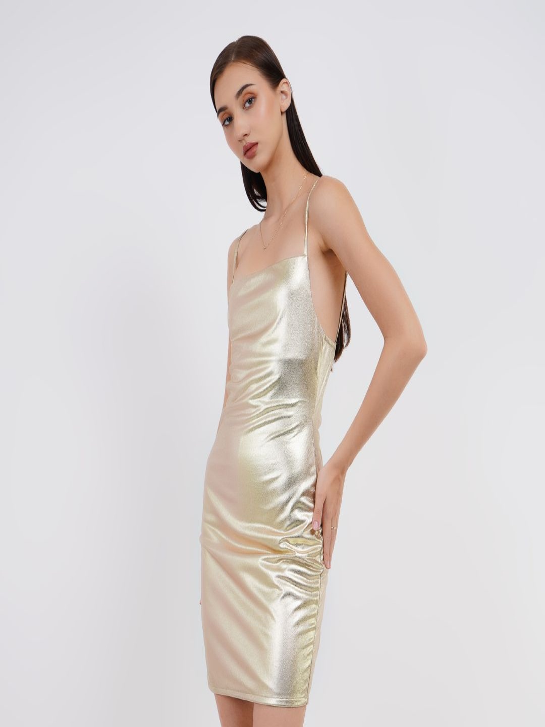 

Womenue Women Shoulder Straps Bodycon Dress, Gold