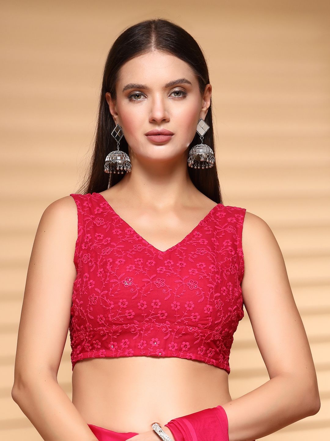 

Oomph! Embroidered V-Neck Saree Blouse, Pink