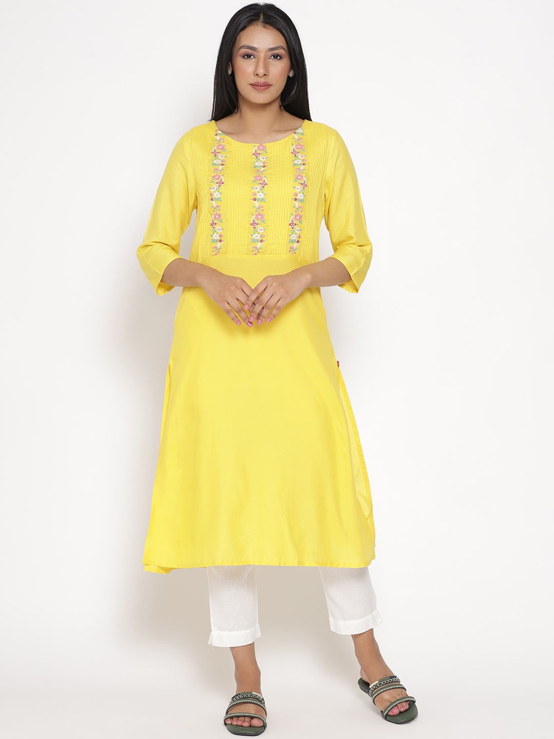 

W Floral Yoke Design Round Neck Thread Work A-Line Kurta, Yellow