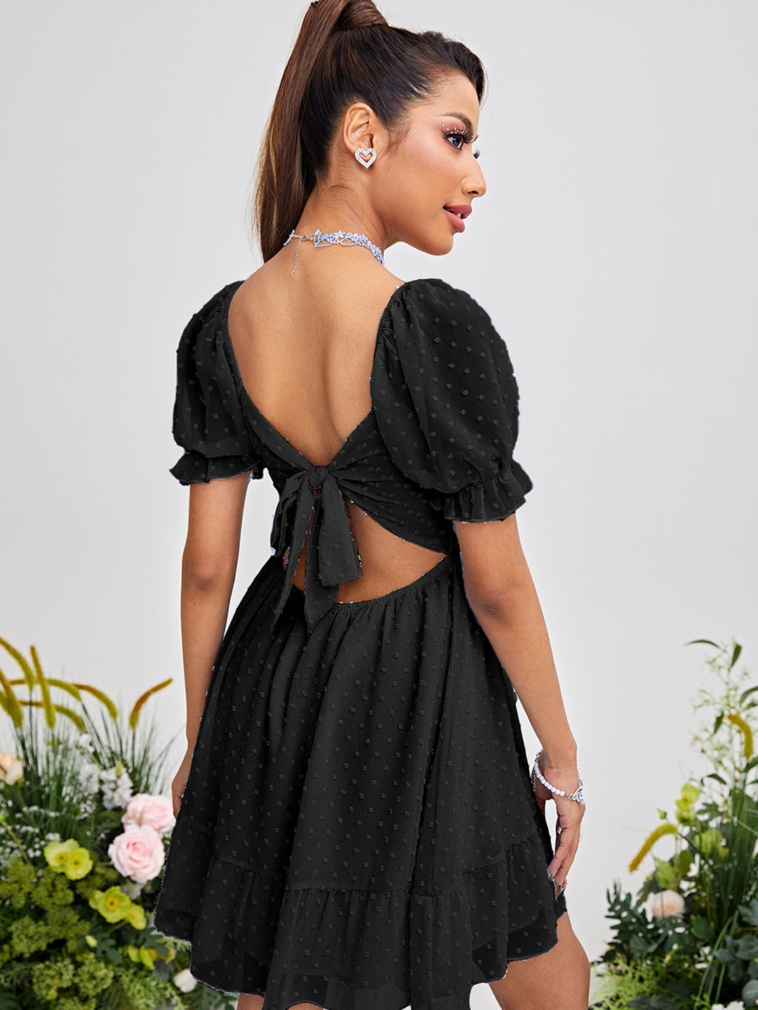 

StyleCast Women Self Design Puff Sleeve Fit & Flare Dress, Black