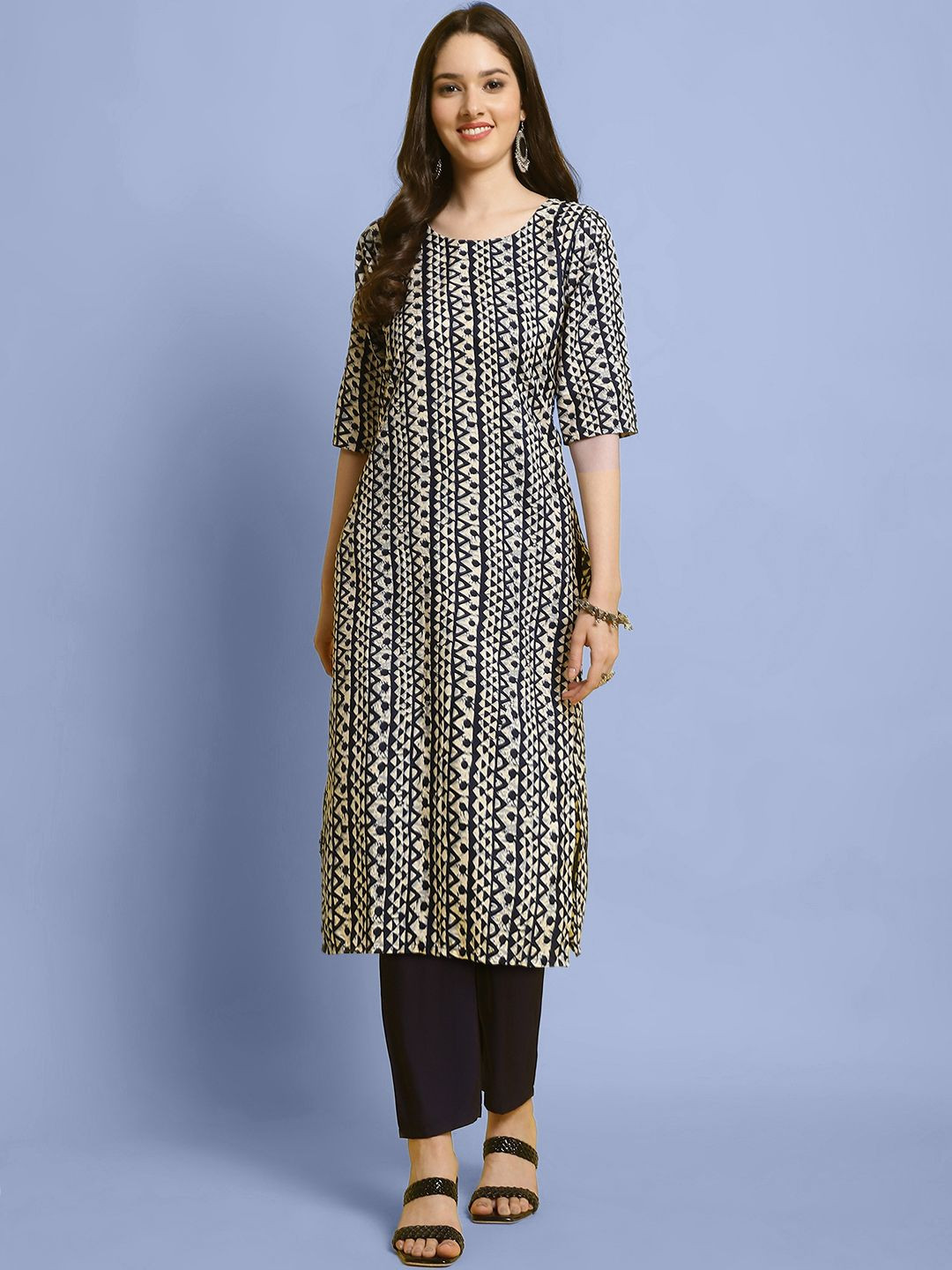

7Threads Geometric Printed Round Neck Straight Kurta With Trousers, White