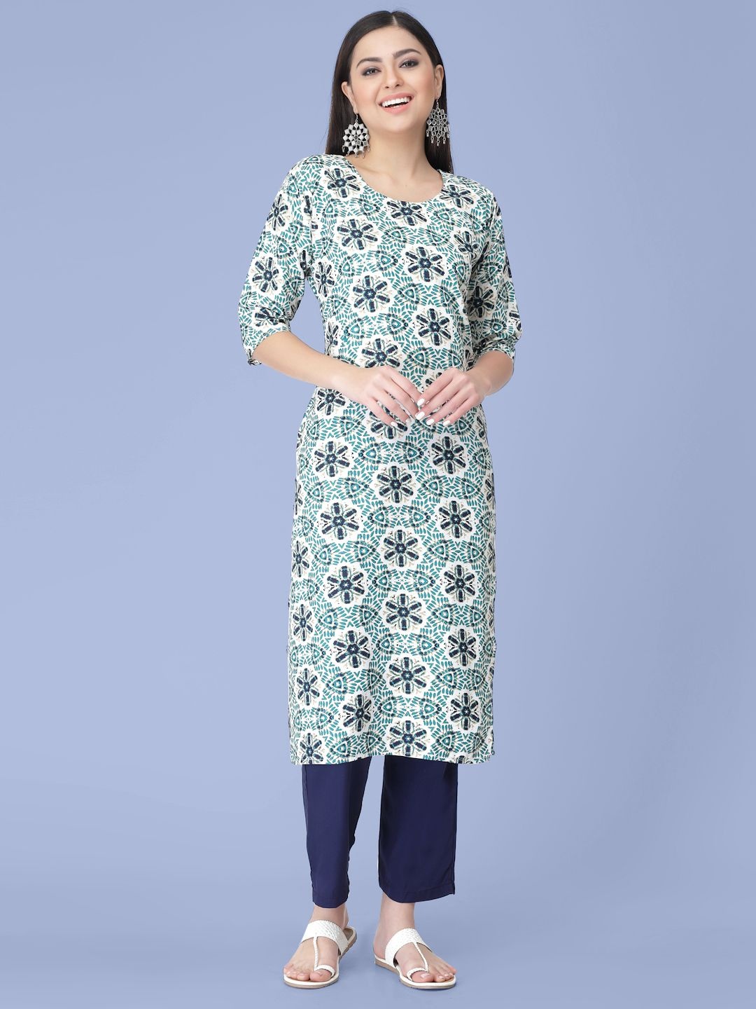 

7Threads Ethnic Motifs Printed Round Neck Straight Kurta With Trousers, Green