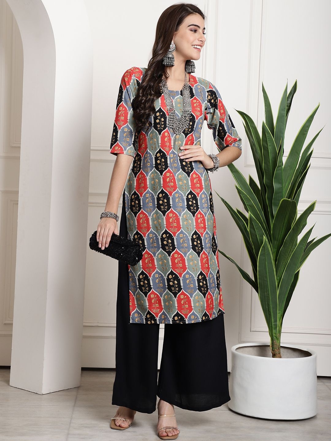 

7Threads Set Of 6 Geometric Printed Round Neck Machine Weave Straight Kurta, Orange