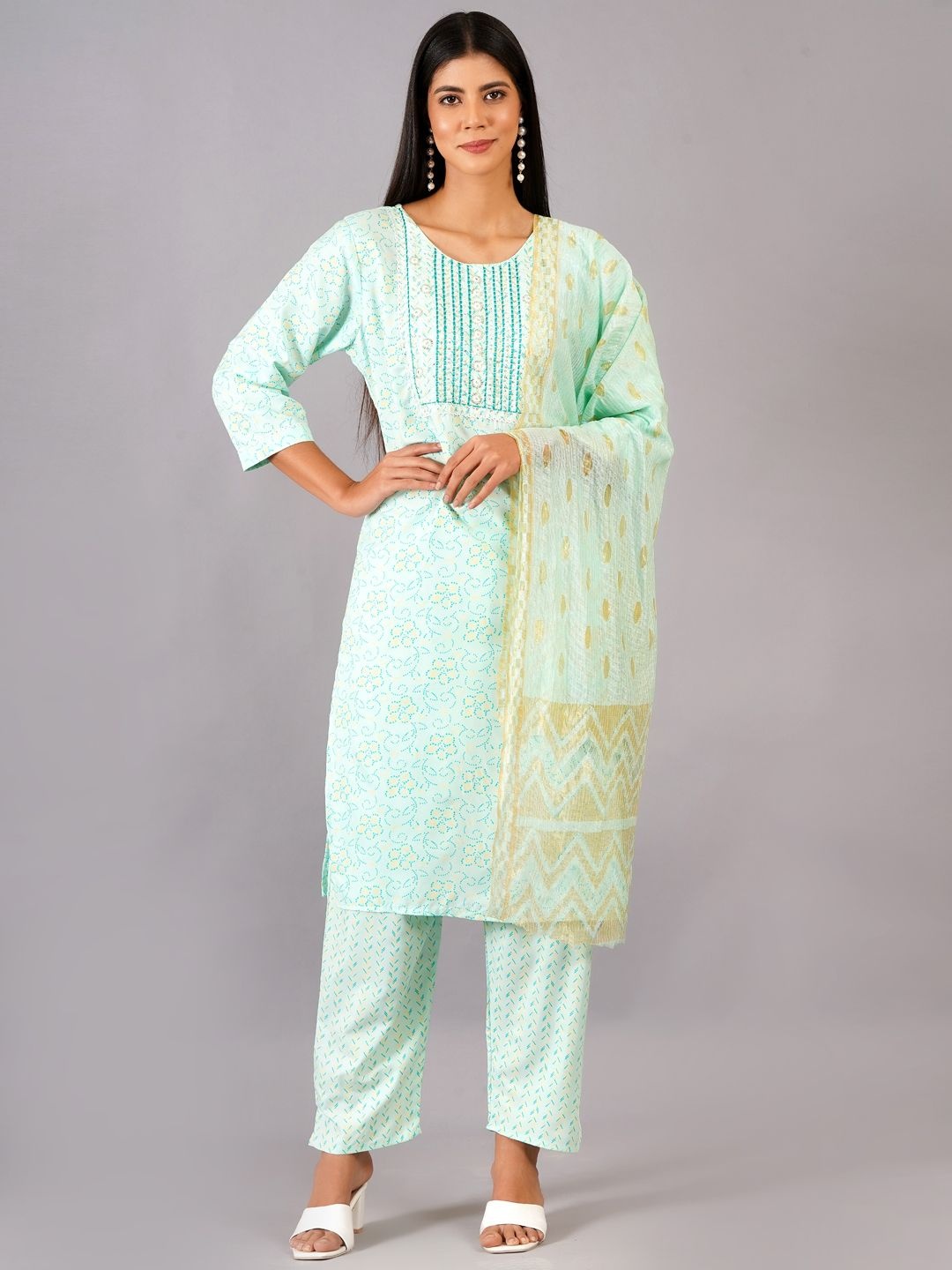 

KALINI Floral Printed Sequenced Straight Kurta With Trousers And Dupatta, Blue