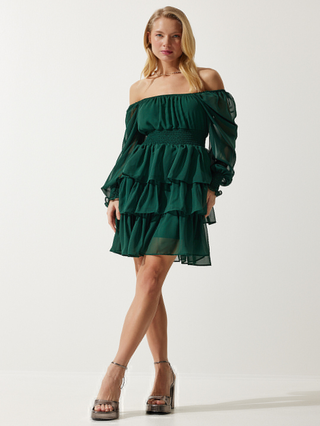 

Happiness istanbul Off-Shoulder Cuffed Sleeve Layered Fit & Flare Dress, Green