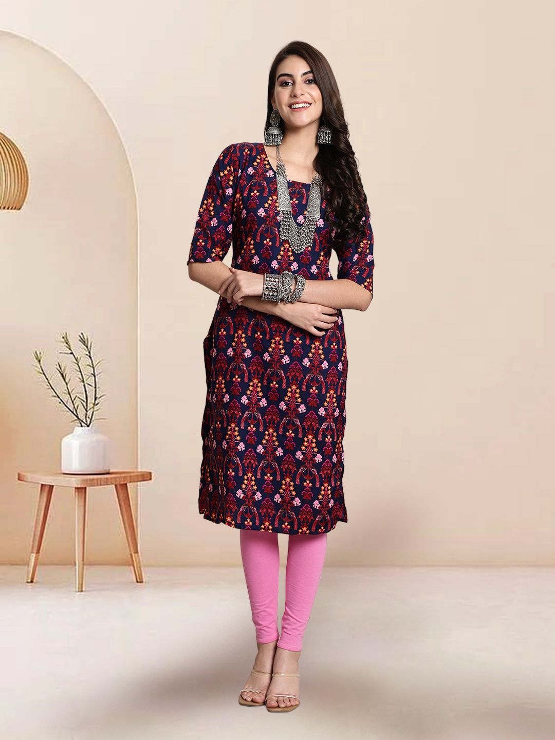 

7Threads Ethnic Motifs Printed Straight Kurta, Blue