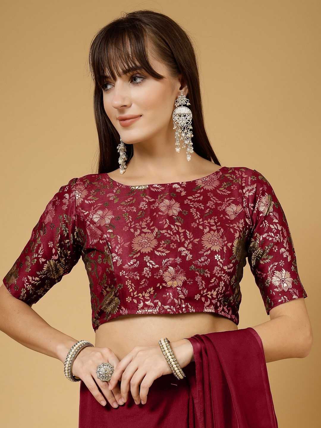 

Oomph! Woven Design Non Padded Boat Neck Saree Blouse, Maroon