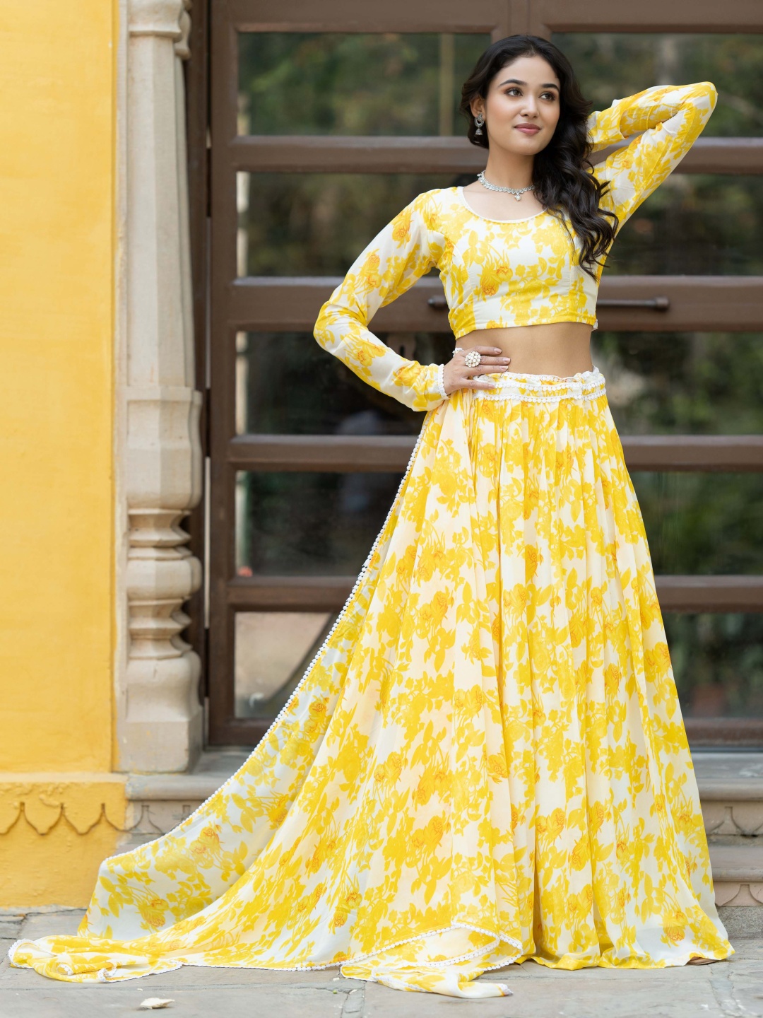 

KALINI Printed Silk Georgette Semi-Stitched Lehenga & Unstitched Blouse With Dupatta, Yellow