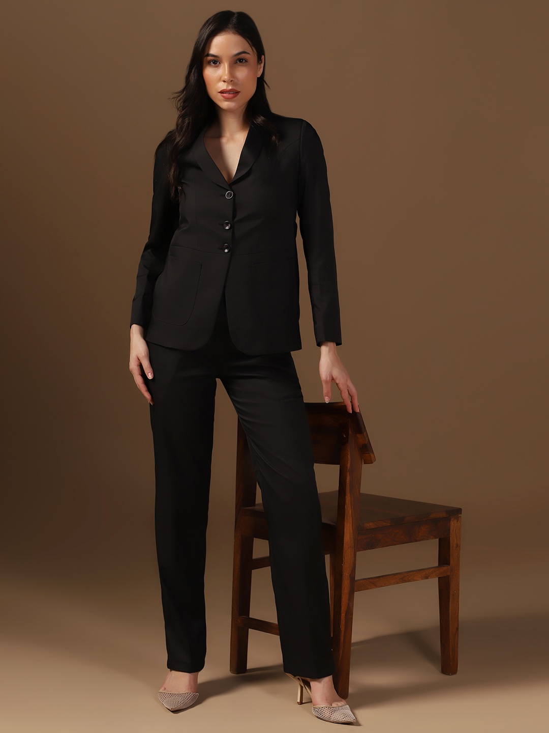 

TAHVO Women Slim-Fit Single-Breasted two-Piece Suit, Black