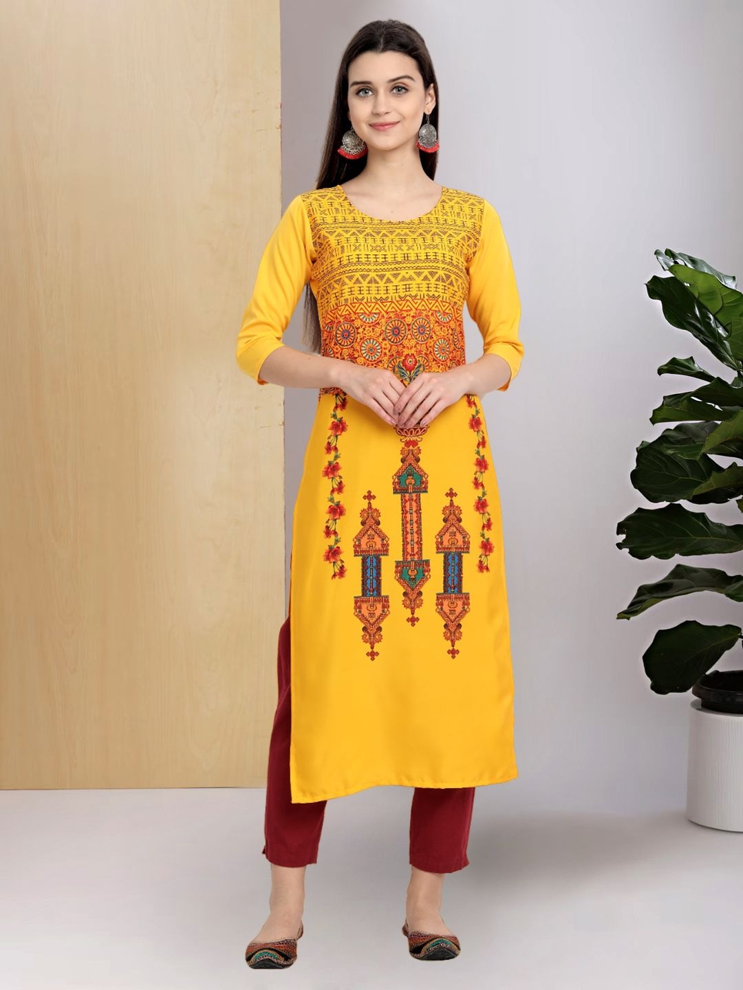 

7Threads Ethnic Motifs Printed Round Neck Machine Weave Straight Kurta, Yellow