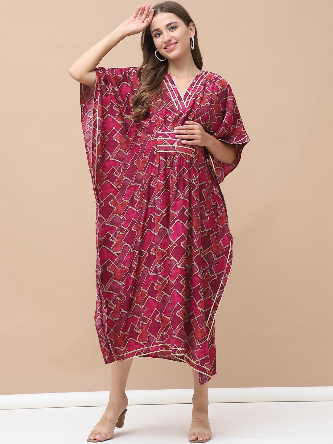 

Secret Wish Printed Chanderi Silk Kaftan Midi Dress, Pink