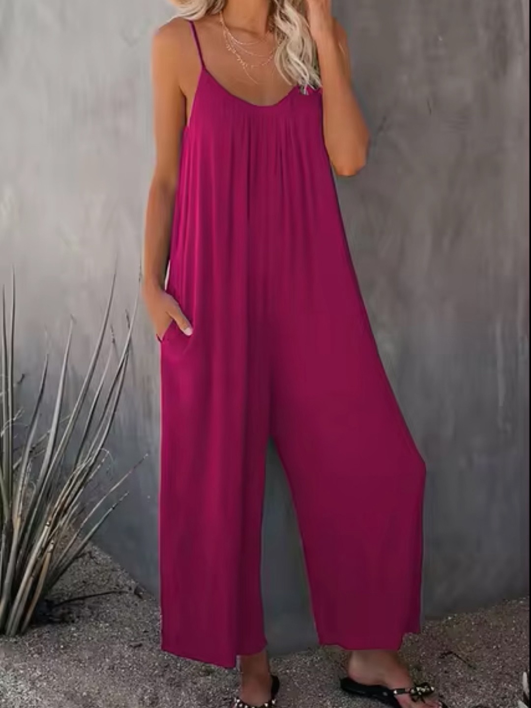 

KPOP Women Shoulder Straps Solid Sleeveless Basic Jumpsuit, Pink