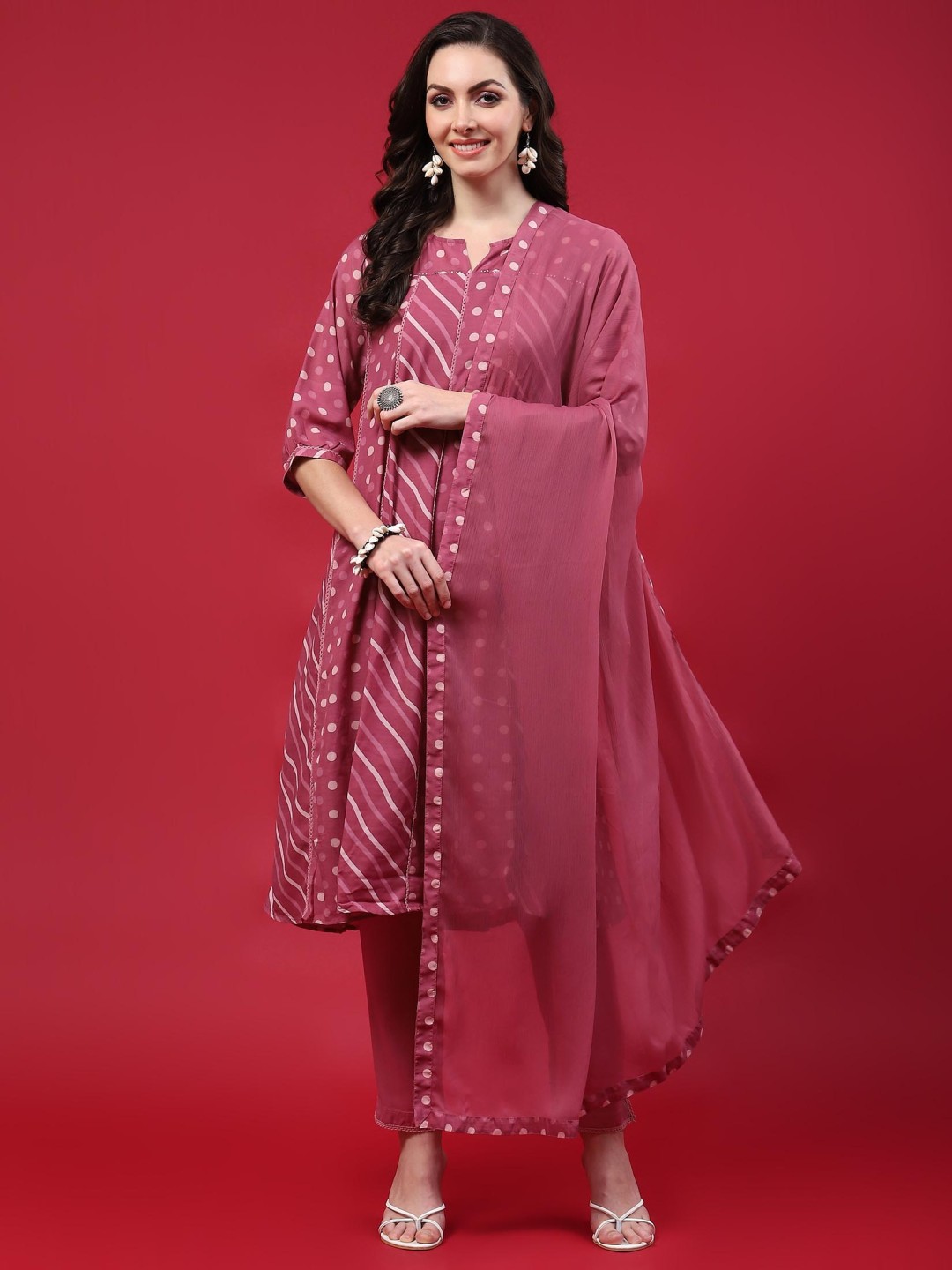 

Shree Geometric Printed A-Line Kurta With Trousers & Dupatta With Slip, Pink