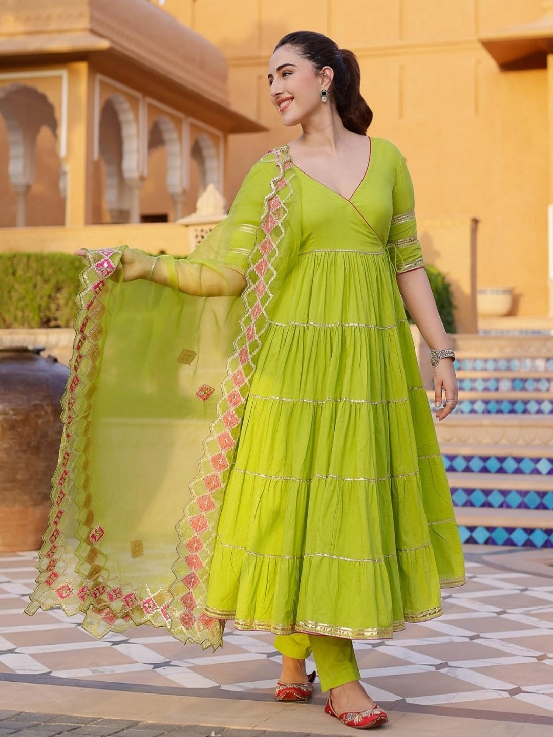 

KALINI Layered Gotta Patti Anarkali Kurta With Trouser & Dupatta, Green