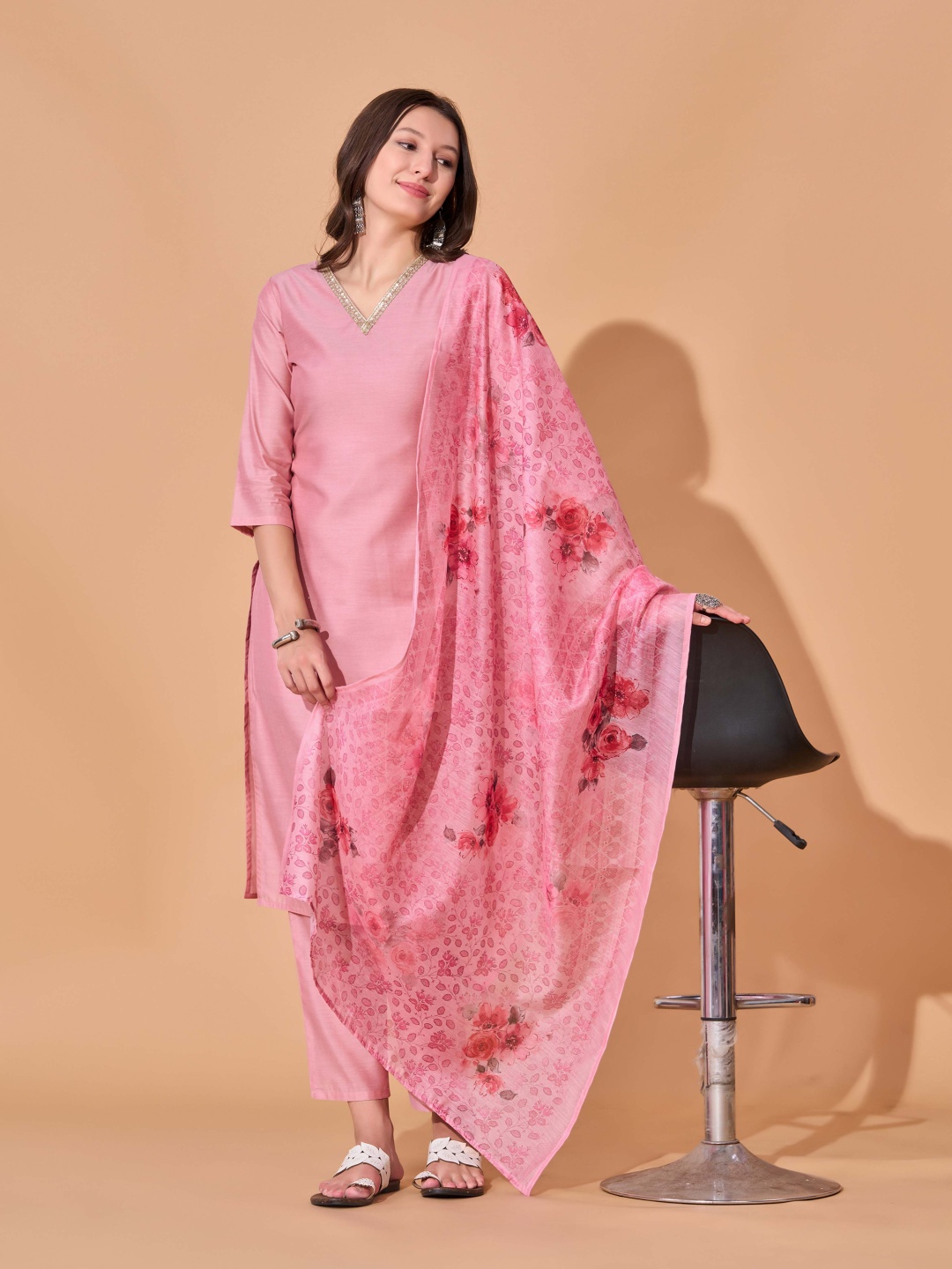 

KALINI V-Neck Gotta Patti Chanderi Silk Straight Kurta with Trousers & Dupatta, Pink