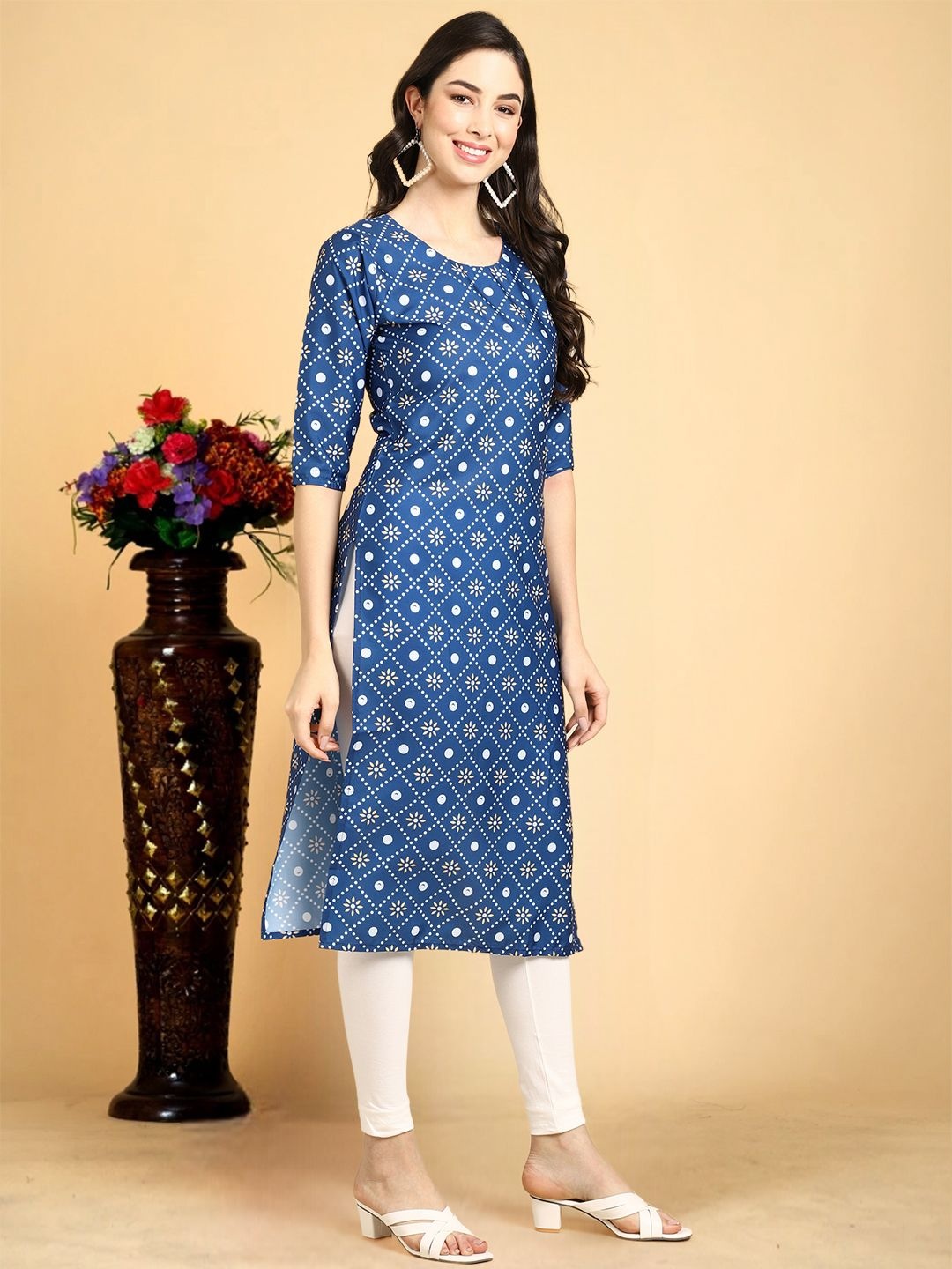

7Threads Ethnic Motifs Printed Round Neck Straight Crepe Kurta, Blue