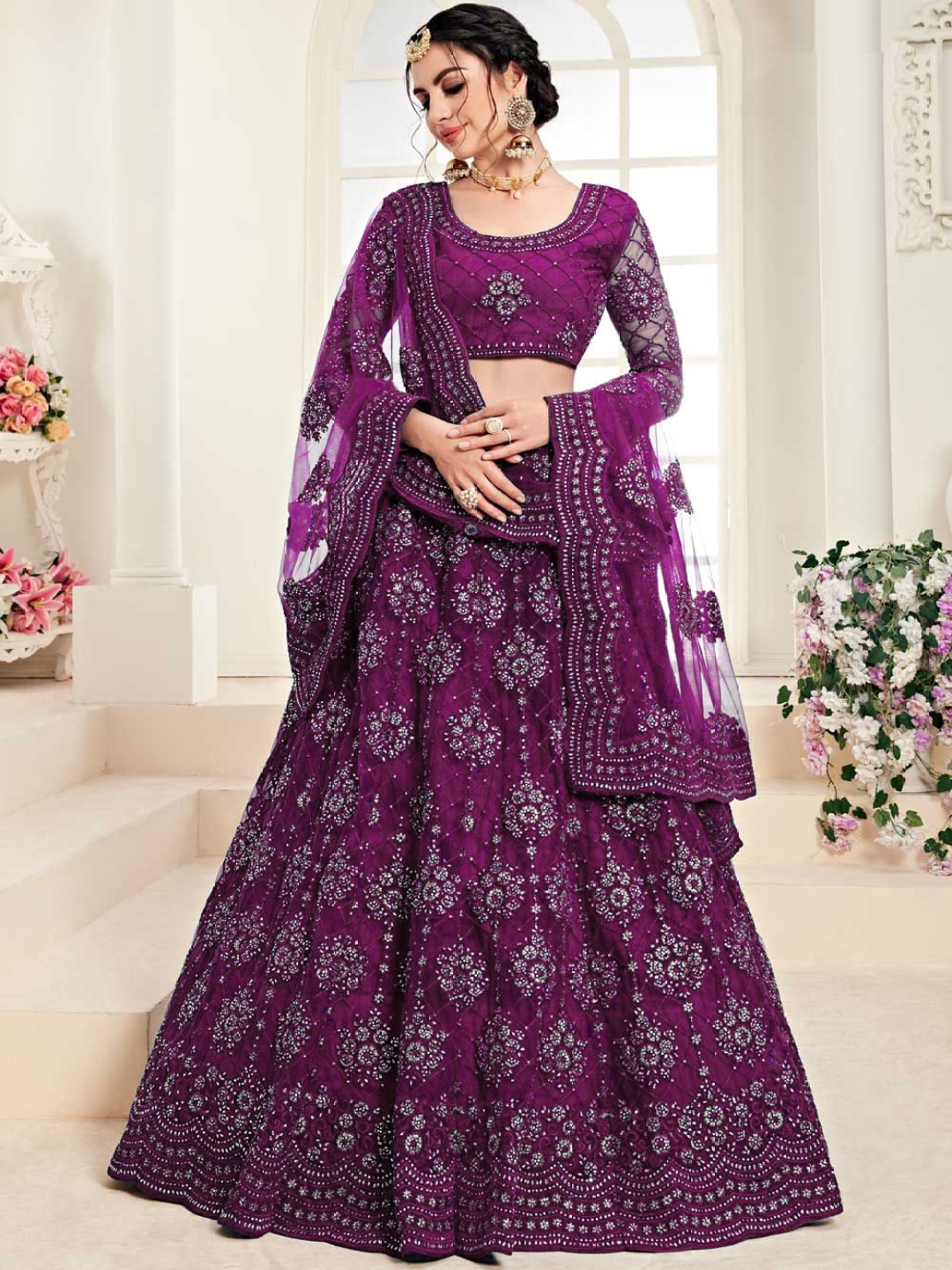 

Cute fellow Embroidered Thread Work Semi-Stitched Lehenga & Unstitched Blouse With Dupatta, Purple