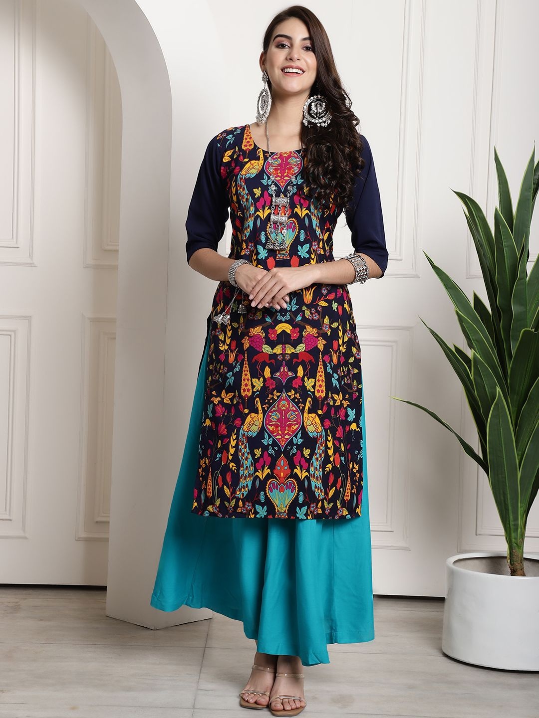 

7Threads Selection Of 6 Floral Printed Round Neck Straight Kurtas, Navy blue