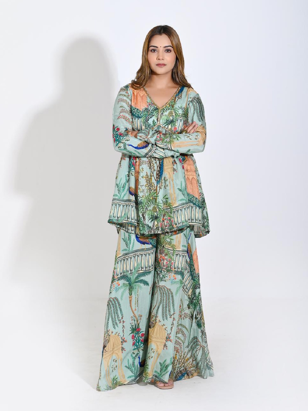 

Coordnord Printed Pure Cotton Tunic With Palazzos Co-Ords, Green