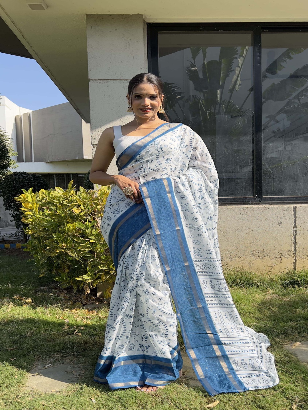

V3 FASHION STUDIO Printed Pure Silk Ready to Wear Jamdani Saree, Blue