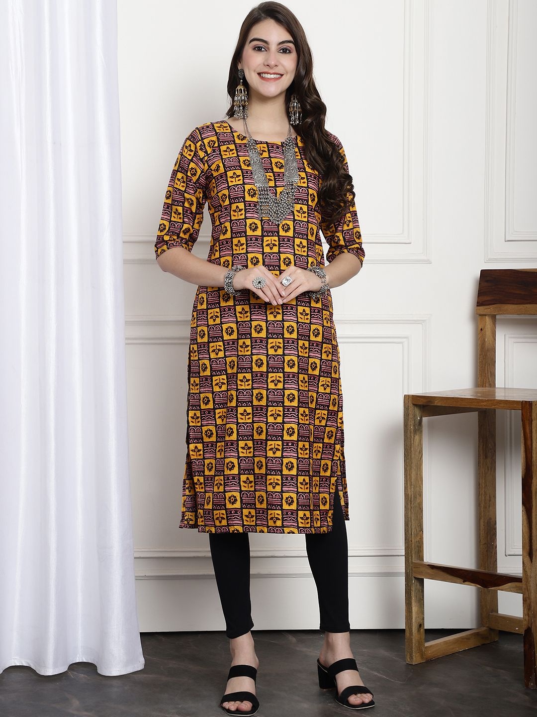 

7Threads Selection Of 6 Ethnic Motifs Printed Round Neck Straight Kurta, Mustard