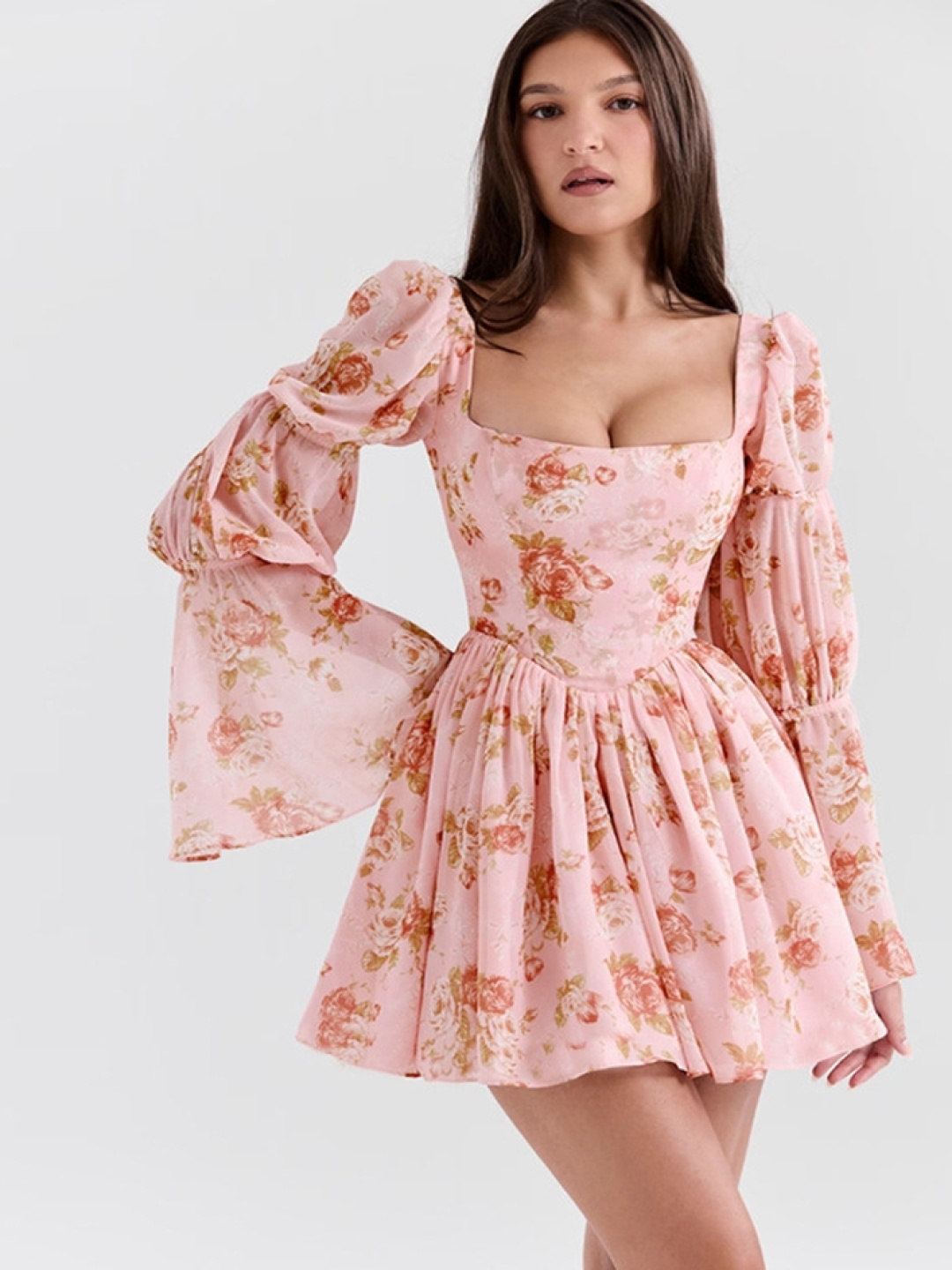 

LULU & SKY Floral Print Bell Sleeve Fit & Flare Mini Dress, Pink