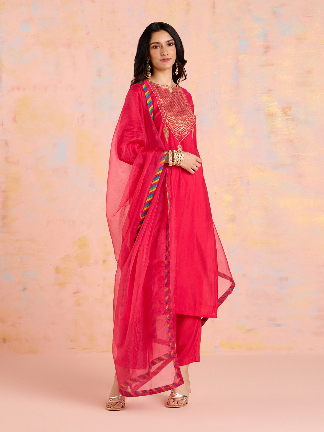 

Likha Women Yoke Design Regular Chanderi Silk Kurta with Pyjamas & With Dupatta, Pink