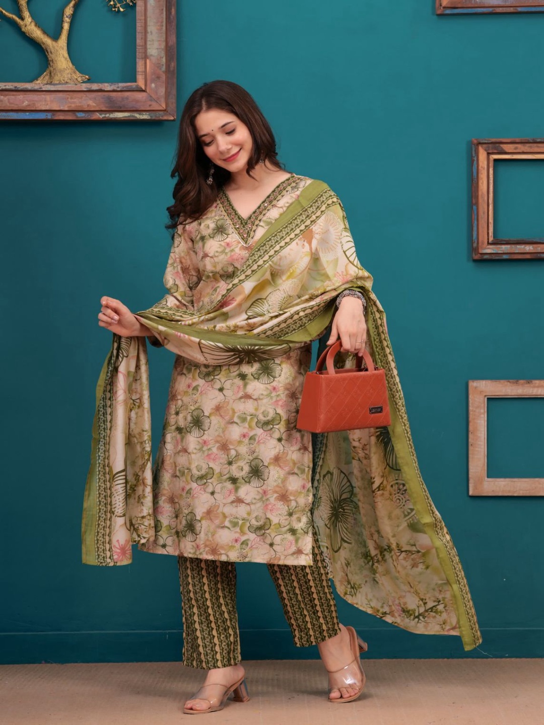 

FCV Floral Printed Sequinned Pure Cotton Kurta With Trousers & Dupatta, Green
