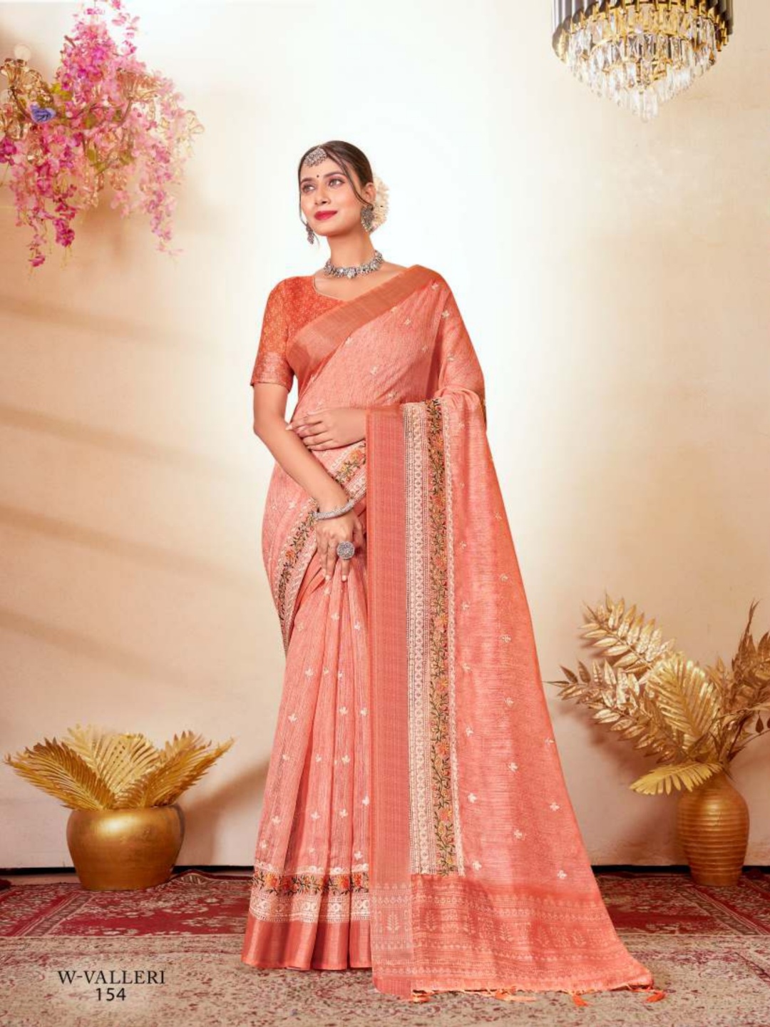 

MAHALASA Ethnic Motifs Embroidered Saree with Unstitched Blouse, Peach