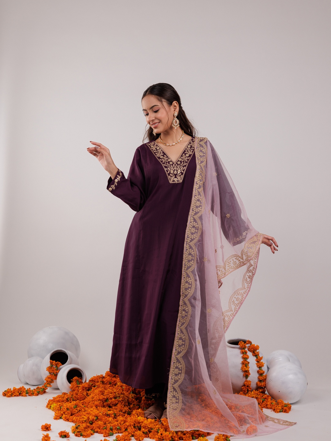 

Yufta Purple Floral Yoke Design V-Neck Sequinned A-Line Kurta With Trousers & Dupatta