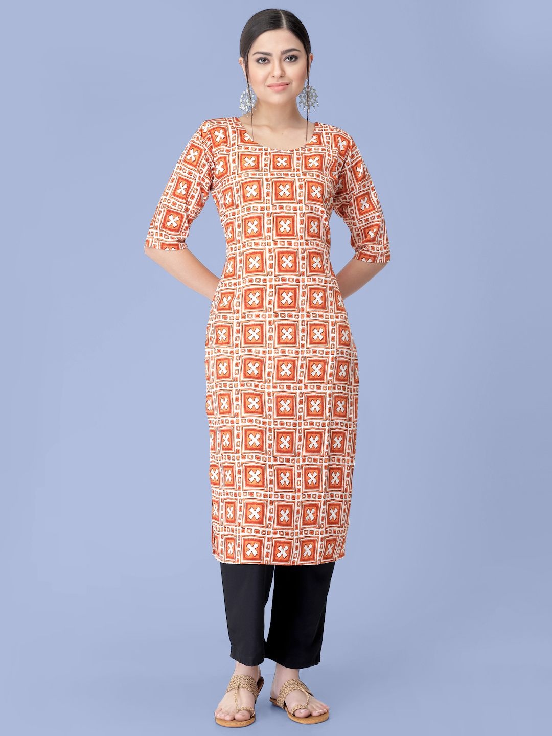 

7Threads Geometric Printed Round Neck Straight Kurta With Trousers, Orange