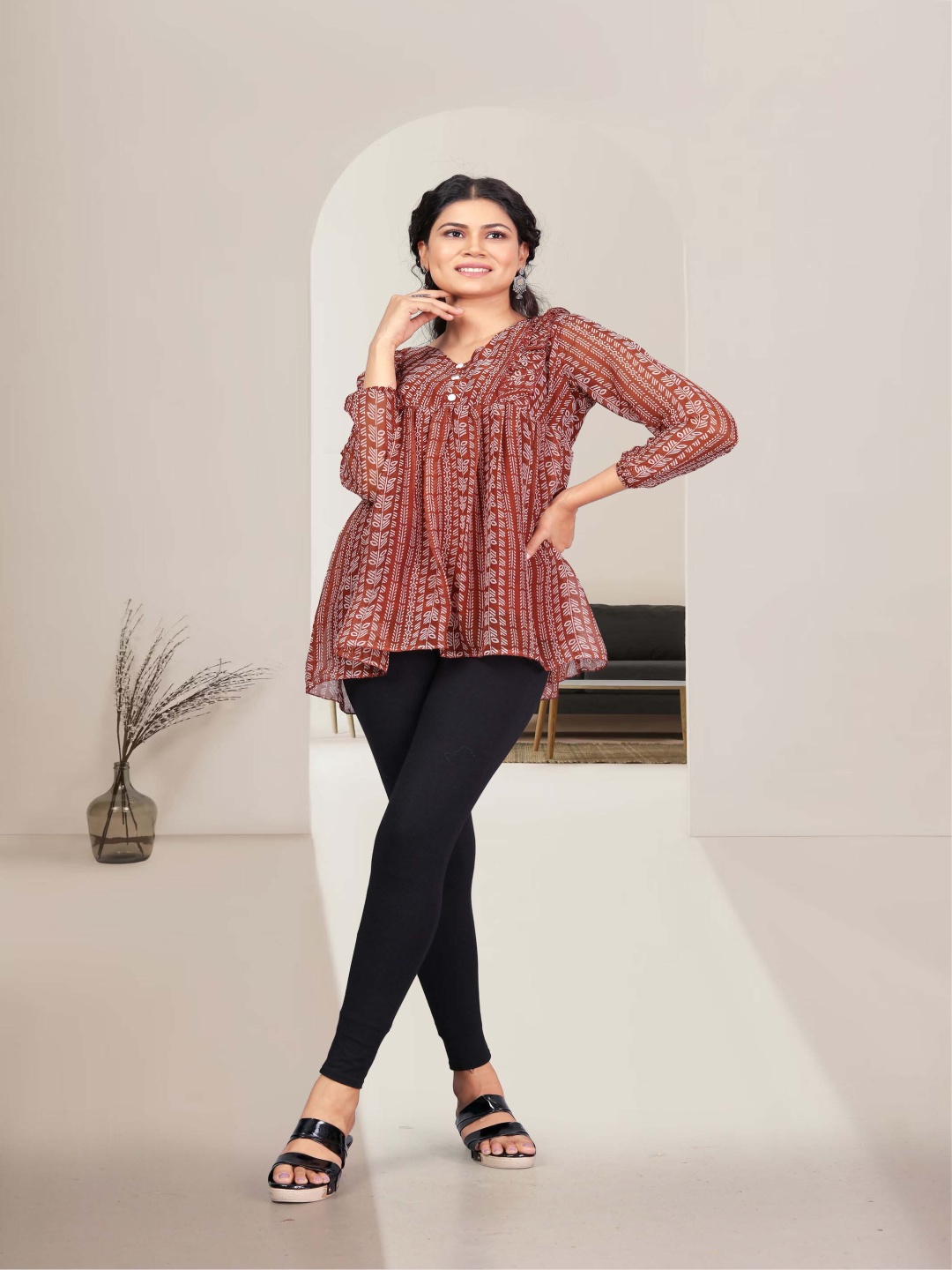 

VAAZI CREATOR Floral Print Ruffles Ethnic Georgette Top, Brown