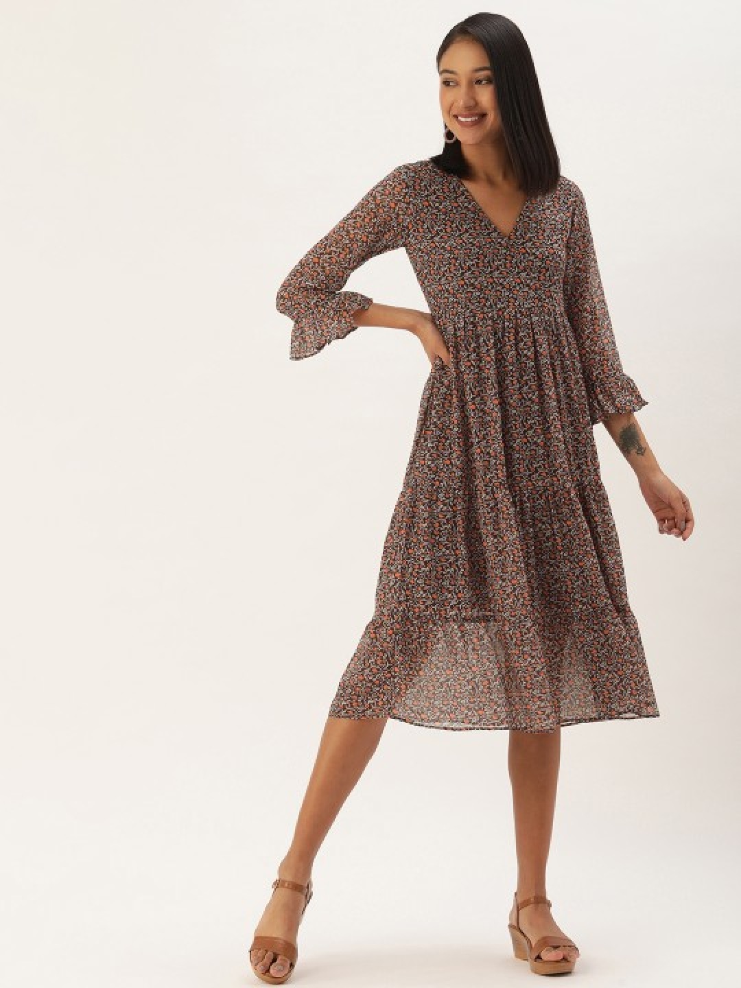 

MELOSO Floral Print Bell Sleeve Georgette Fit & Flare Maxi Dress, Brown