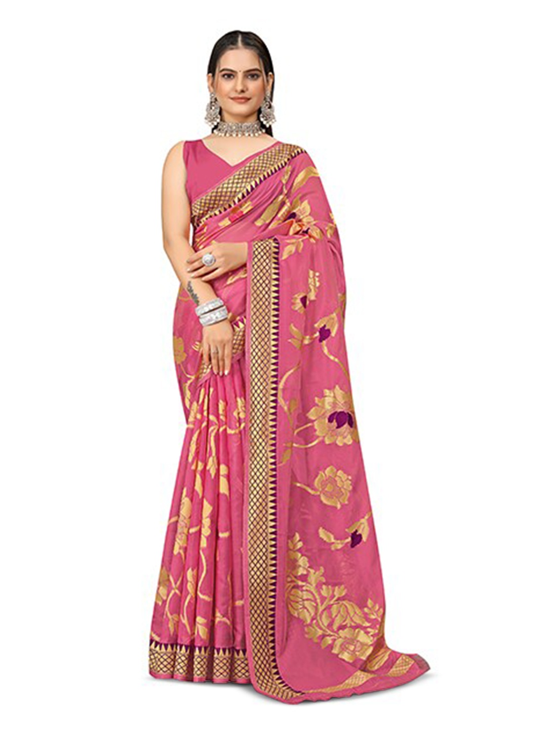 

Aagiri Woven Design Floral Zari Organza Banarasi Saree, Pink