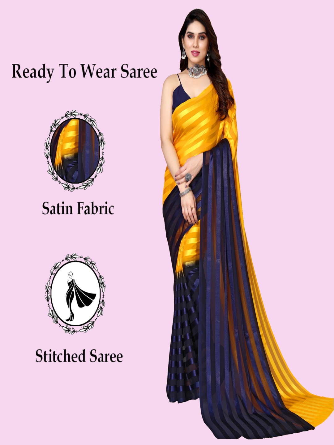 

ANAND SAREES Striped Satin Ready to Wear Saree, Yellow