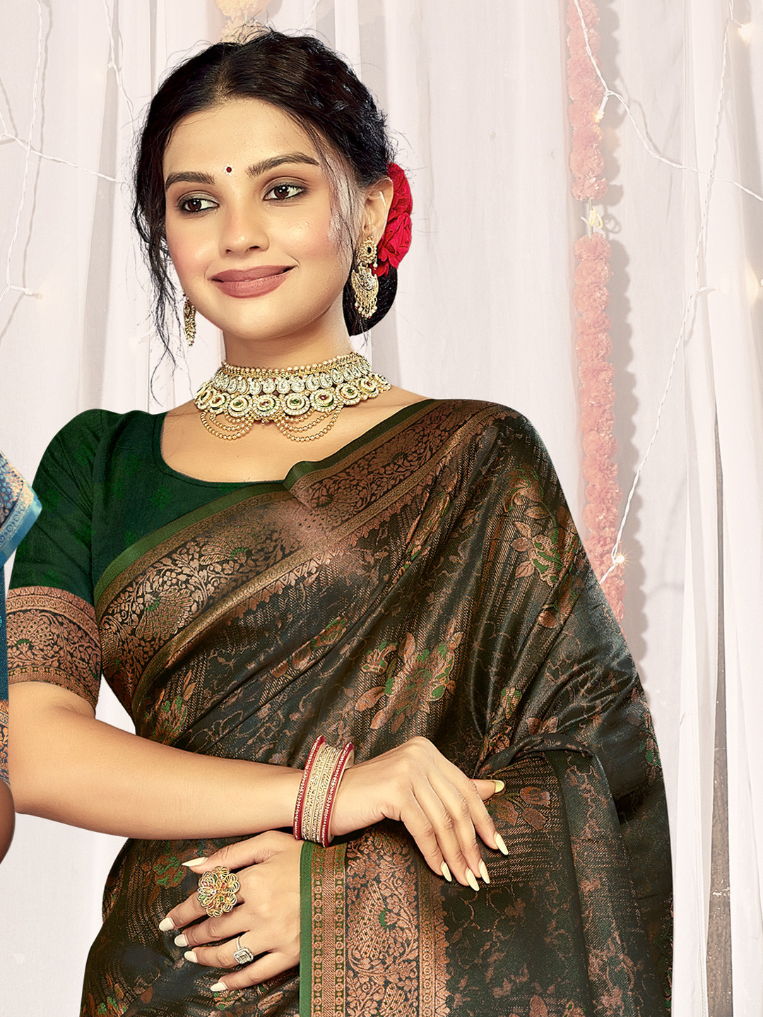 

Ishin Woven Design Zari Satin Saree, Green