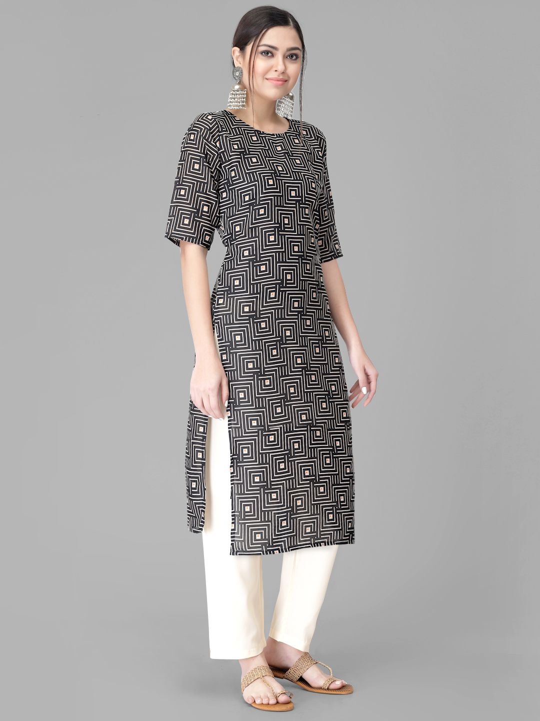 

7Threads Geometric Printed Round Neck Straight Kurta With Trouser, Black