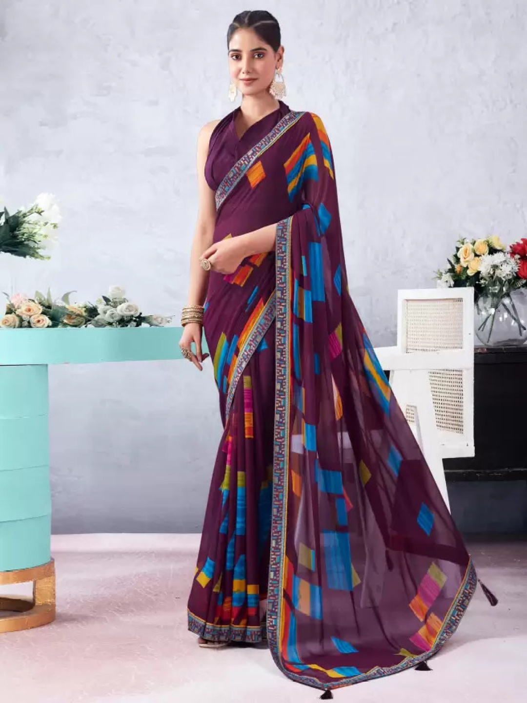 

Reboot Fashions Abstract Printed Pure Chiffon Zari Saree, Purple