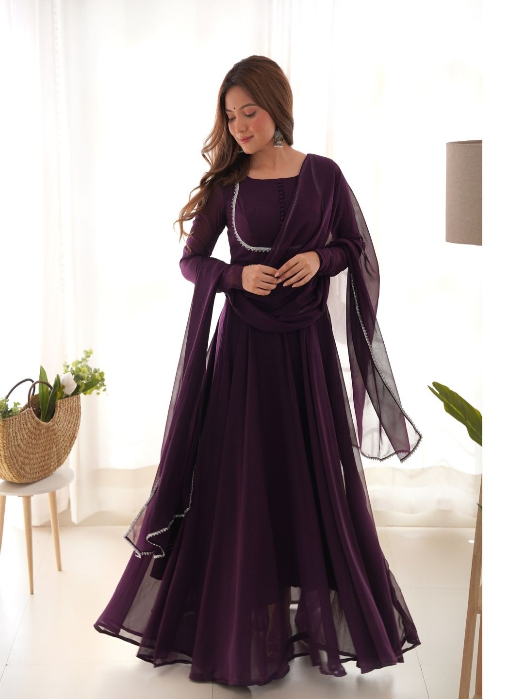 

KALINI Georgette Anarkali Kurta With Pyjama And Dupatta, Purple