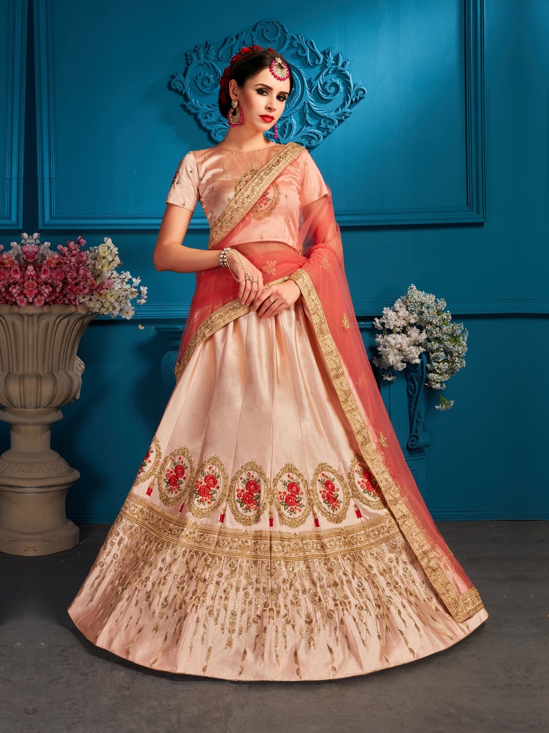 

Fusionic Embroidered Satin Semi-Stitched Lehenga & Unstitched Blouse With Dupatta, Peach