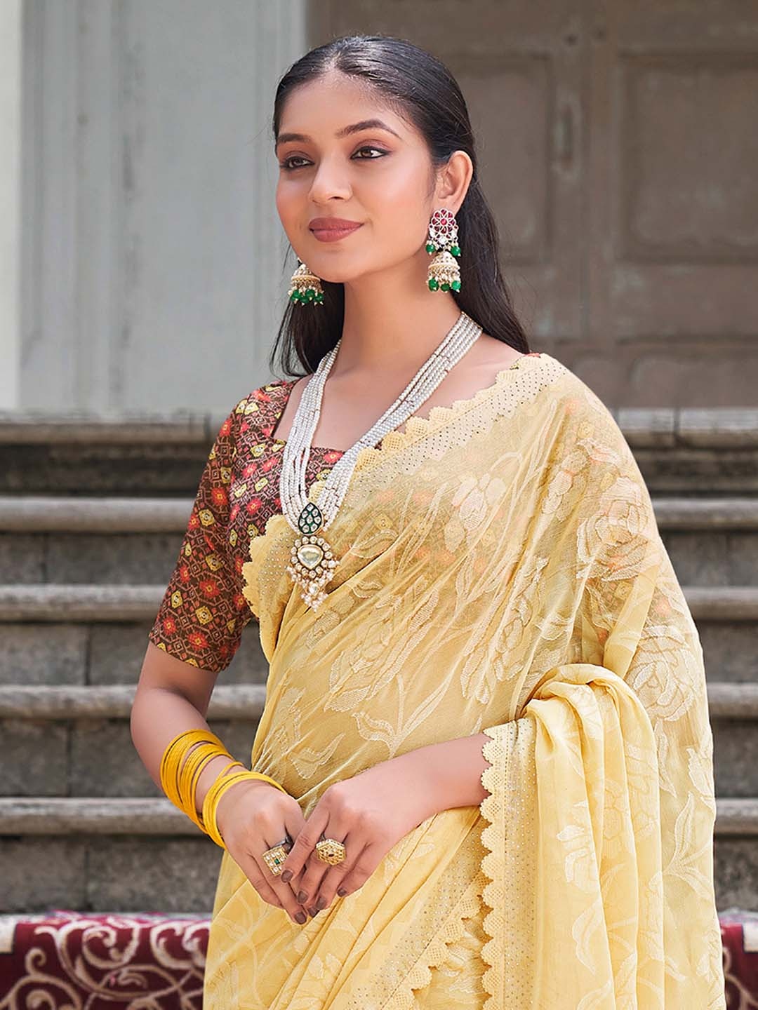 

Saree mall Floral Mukaish Bagru Sarees, Yellow